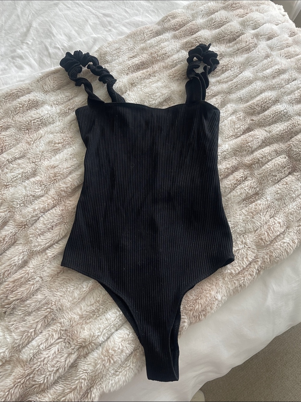 Reformation Black Ribbed Square Neck Bodysuit with Twisted Straps